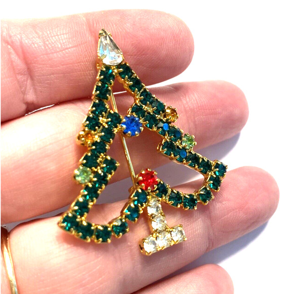 Rhinestones Christmas Tree Brooch Gold & Multicolor Mid Century Festive Pin - Picture 7 of 8